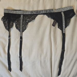 Victoria's Secret Black Lace Garter Belt with Rhinestone Trim